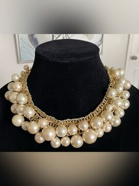 Vintage Scaasi Faux Pearl Statement Necklace Gold Tone Multi Strand Runway 1980s